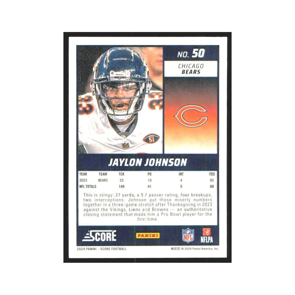 2024 Score Jaylon Johnson Bears #50