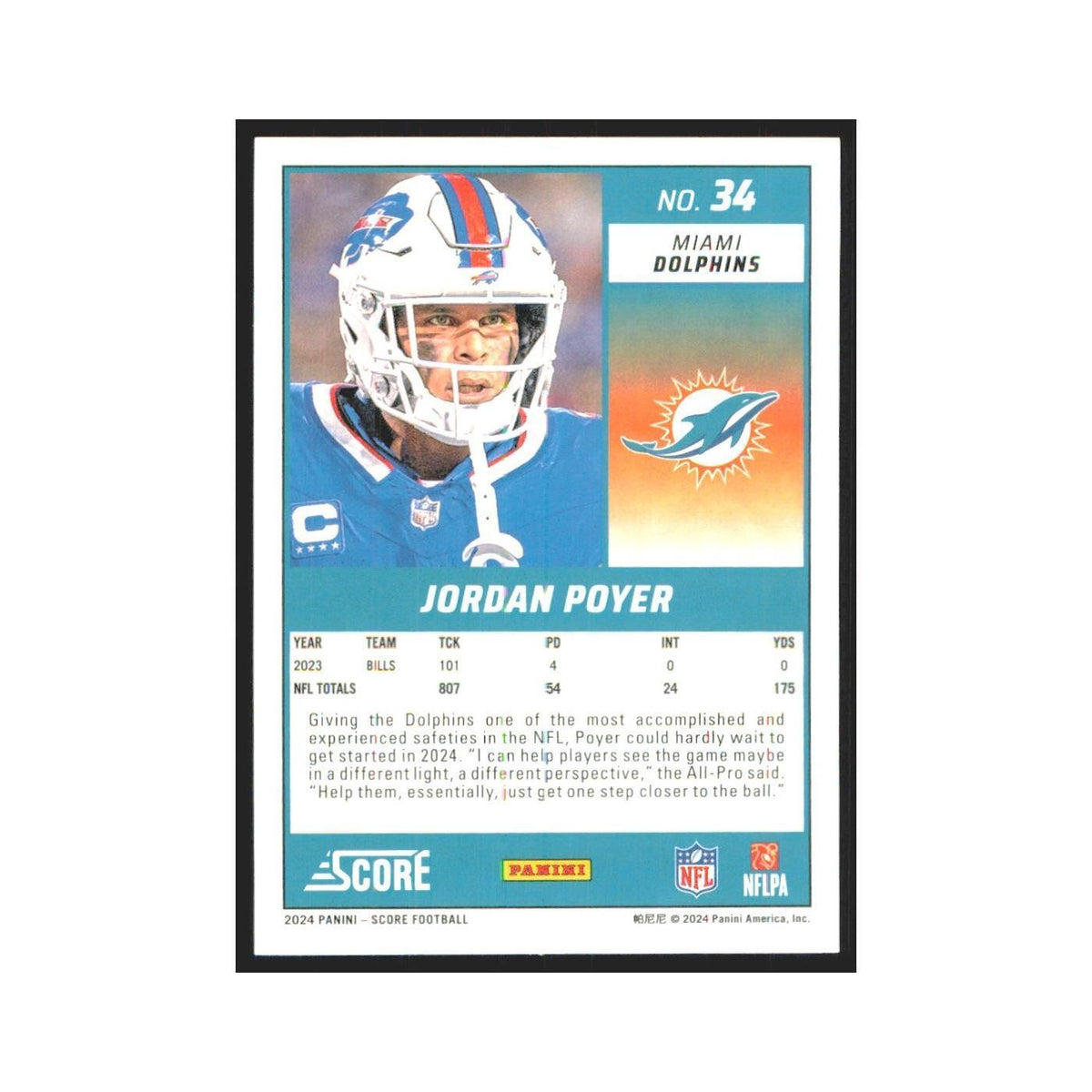 2024 Score Jordan Poyer Dolphins #34