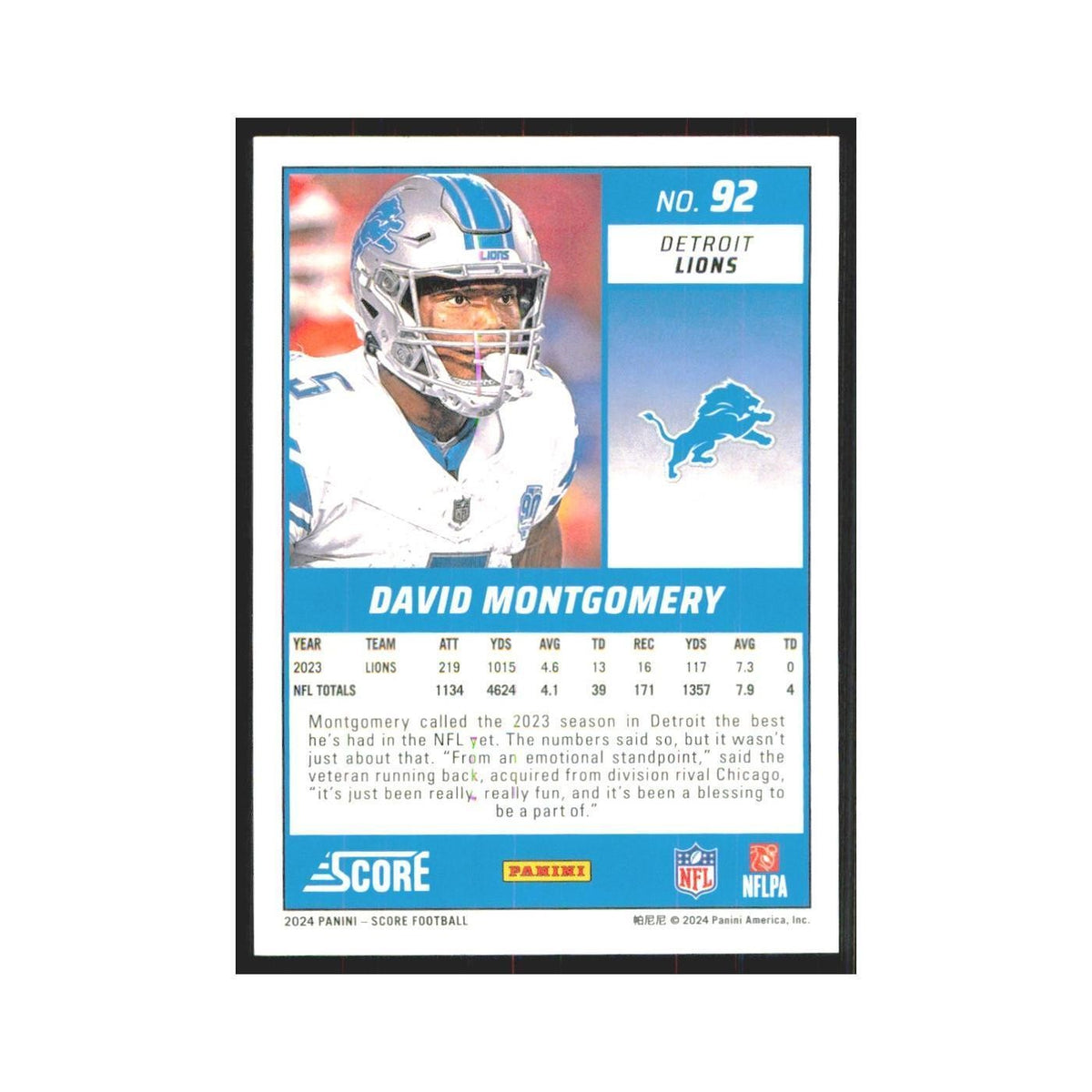 2024 Score David Montgomery Lions #92