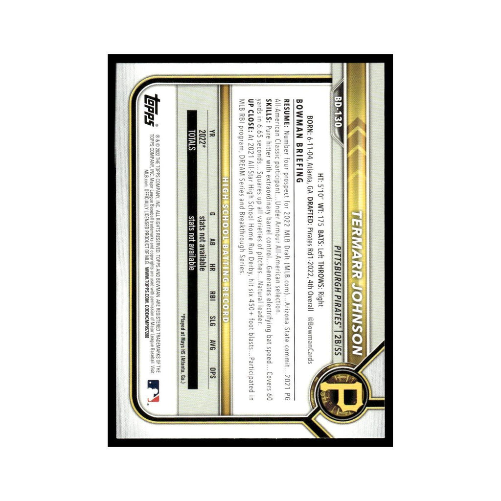 Termarr Johnson 2022 Bowman Draft #BD-130 Pittsburgh Pirates Baseball Card NM