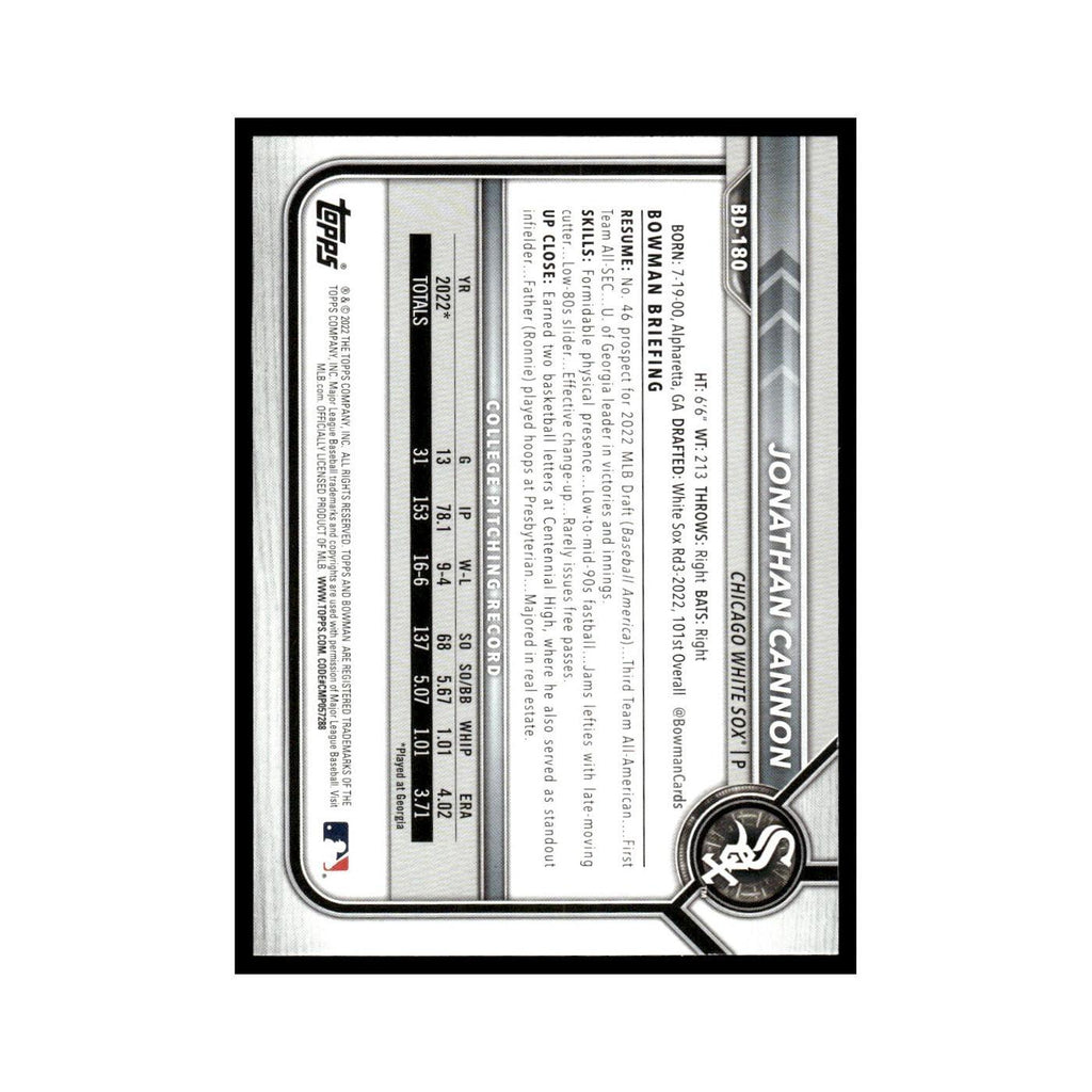 Jonathan Cannon 2022 Bowman Draft #BD-180 Chicago White Sox Baseball Card NM