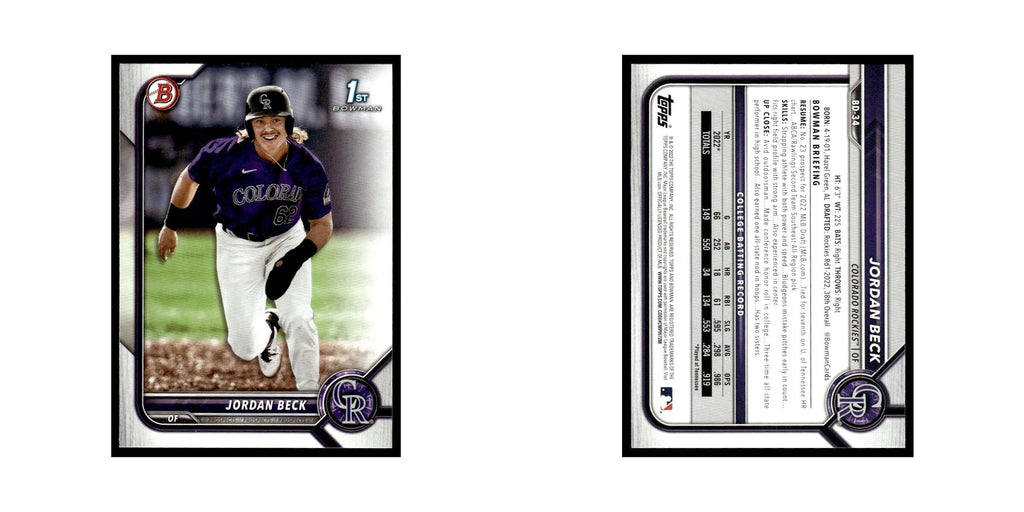 Jordan Beck 2022 Bowman Draft #BD-34 Colorado Rockies Baseball Card NM