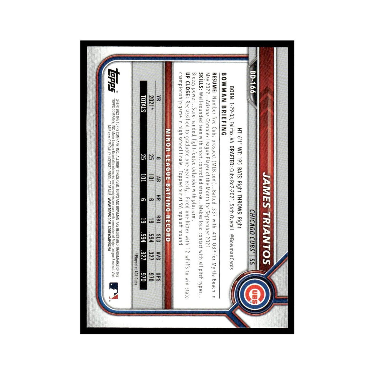 James Triantos 2022 Bowman Draft #BD-166 Chicago Cubs Baseball Card NM