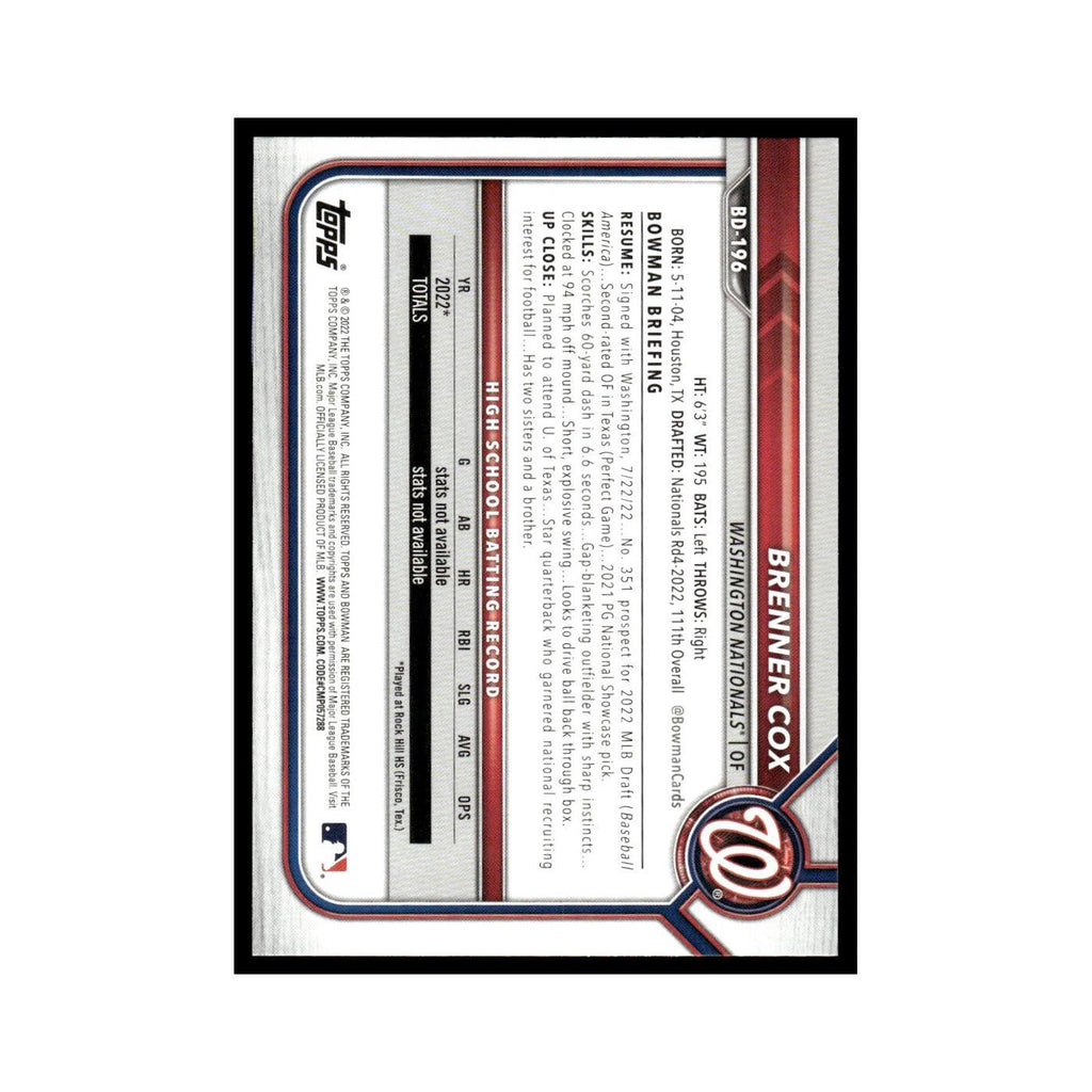 Brenner Cox 2022 Bowman Draft #BD-196 Washington Nationals Baseball Card NM