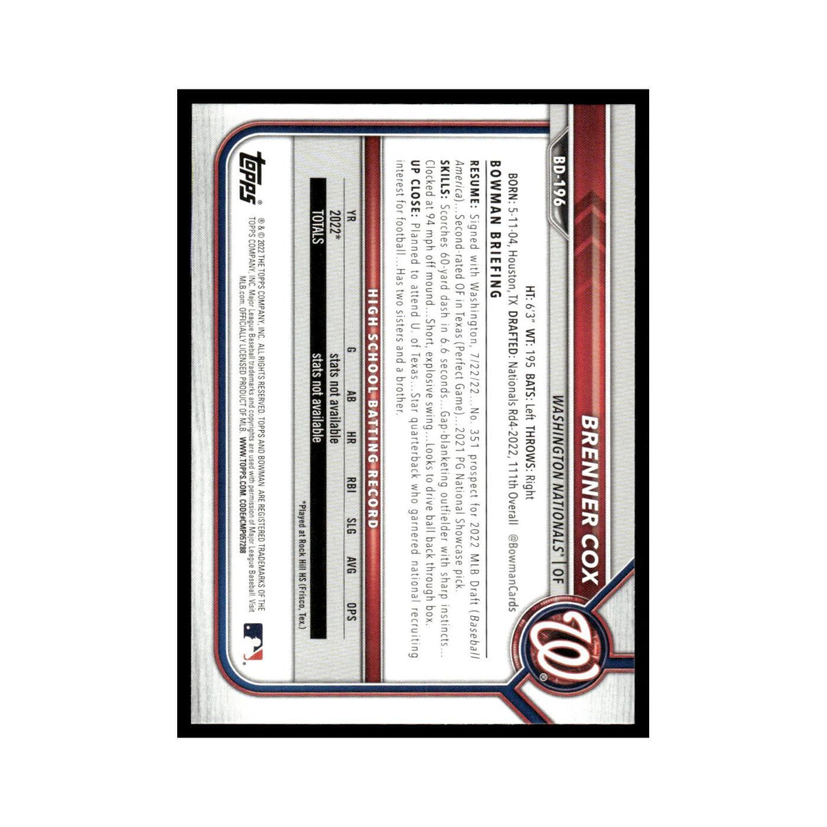 Brenner Cox 2022 Bowman Draft #BD-196 Washington Nationals Baseball Card NM