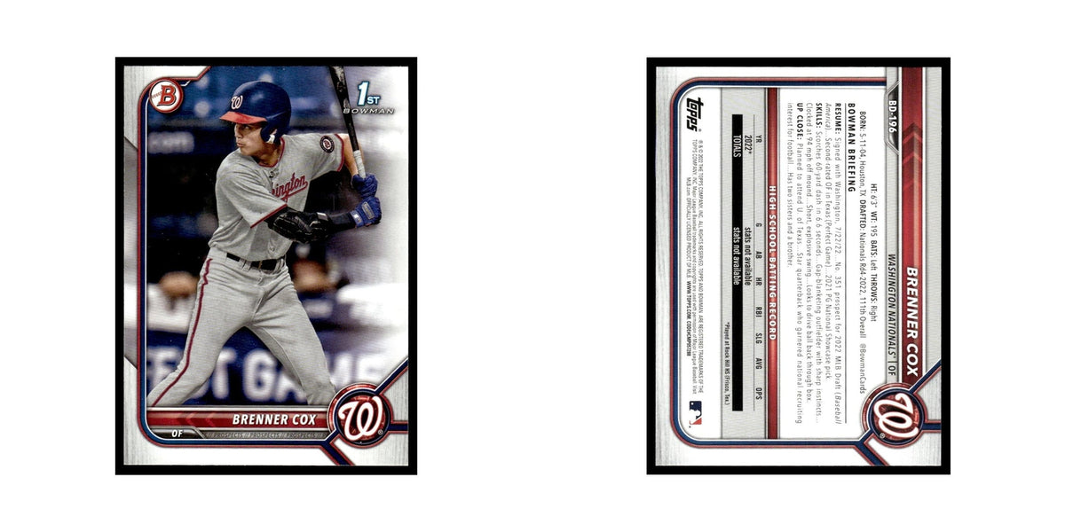 Brenner Cox 2022 Bowman Draft #BD-196 Washington Nationals Baseball Card NM