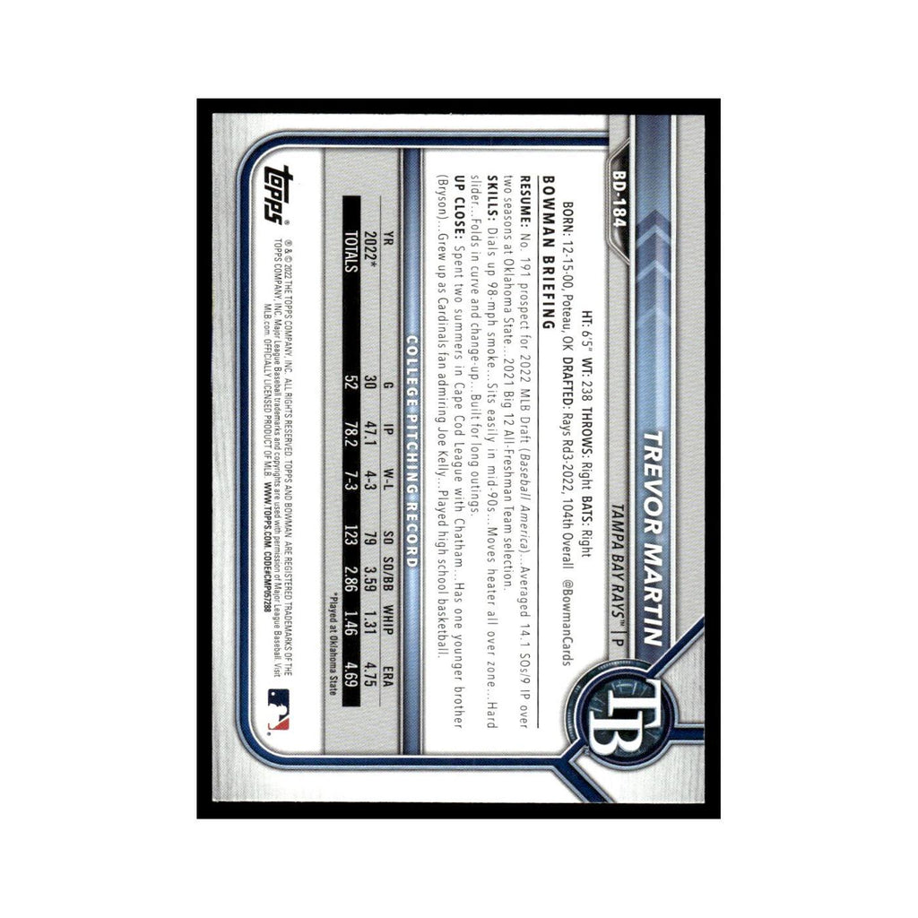 Trevor Martin 2022 Bowman Draft #BD-184 Tampa Bay Rays Baseball Card NM
