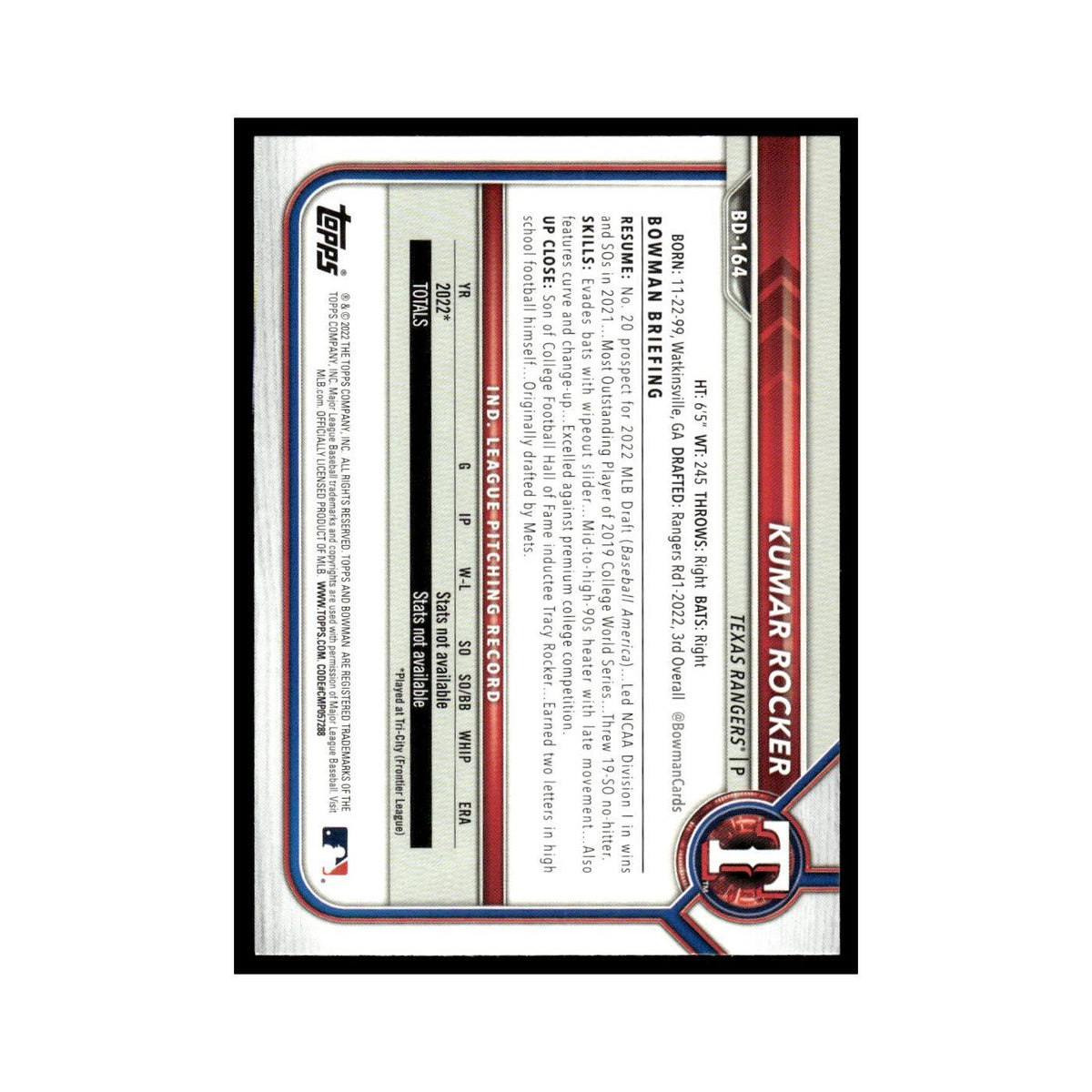 Kumar Rocker 2022 Bowman Draft #BD-164 Texas Rangers Baseball Card NM