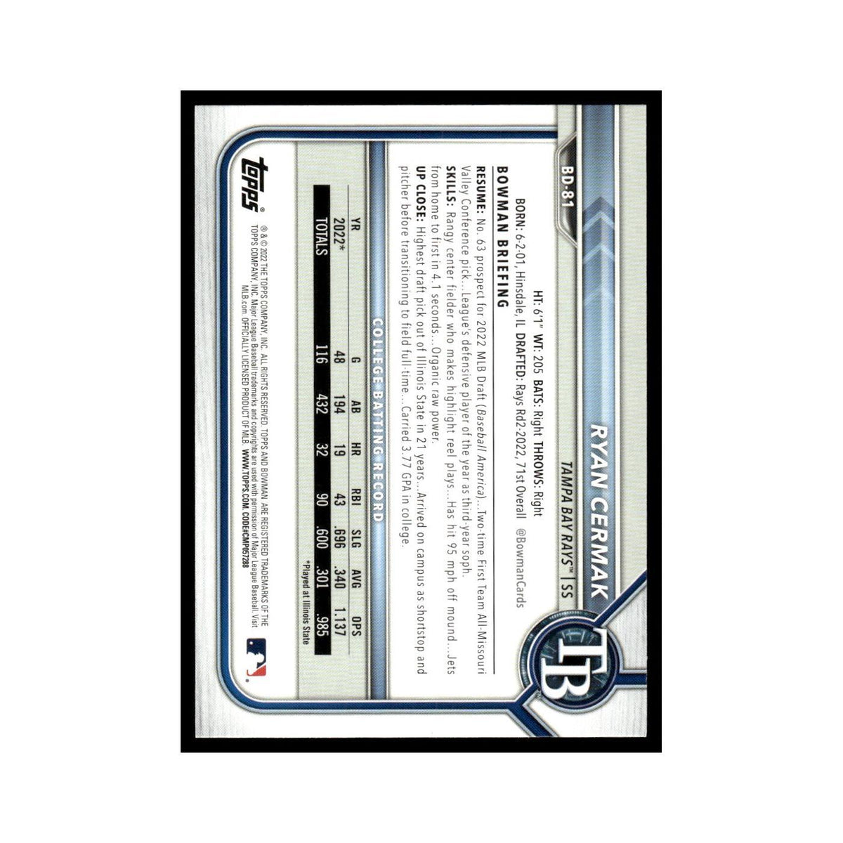 Ryan Cermak 2022 Bowman Draft #BD-81 Tampa Bay Rays Baseball Card NM