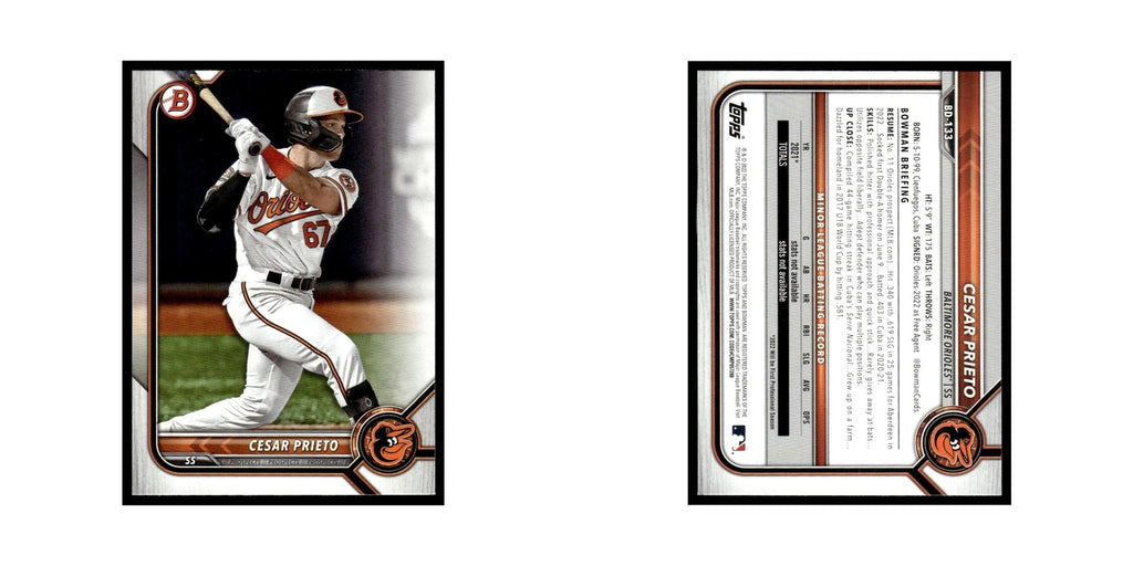Cesar Prieto 2022 Bowman Draft #BD-133 Baltimore Orioles Baseball Card NM