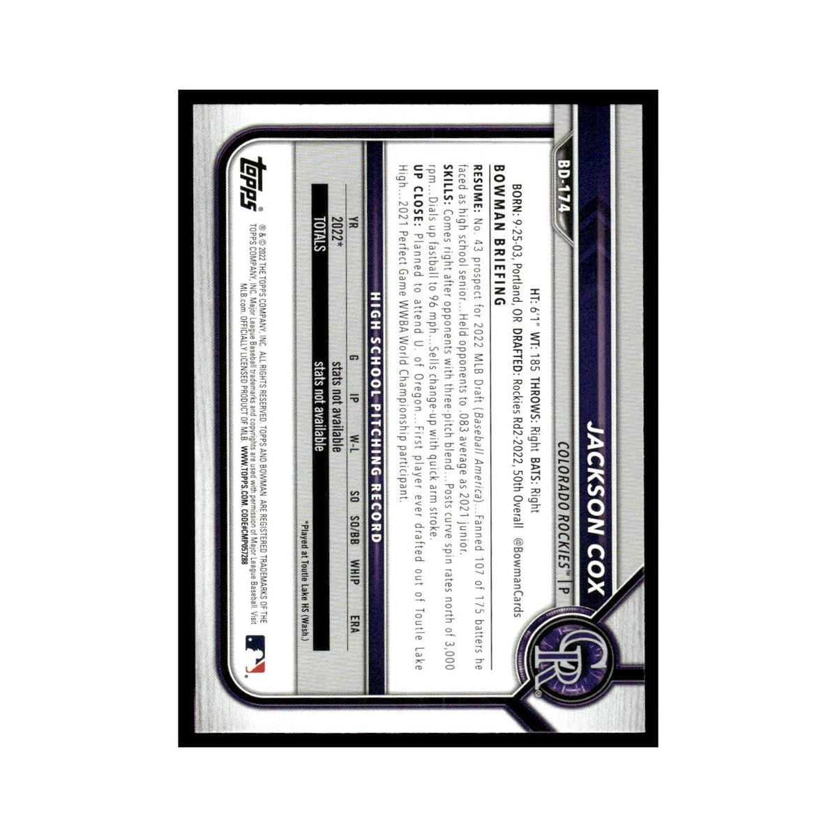 Jackson Cox 2022 Bowman Draft #BD-174 Colorado Rockies Baseball Card NM
