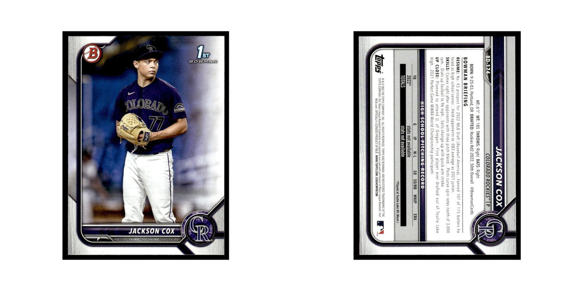 Jackson Cox 2022 Bowman Draft #BD-174 Colorado Rockies Baseball Card NM