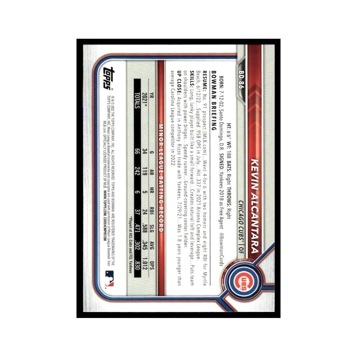 Kevin Alcantara 2022 Bowman Draft #BD-86 Chicago Cubs Baseball Card NM