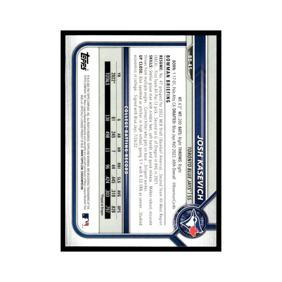 Josh Kasevich 2022 Bowman Draft #BD-45 Toronto Blue Jays Baseball Card NM