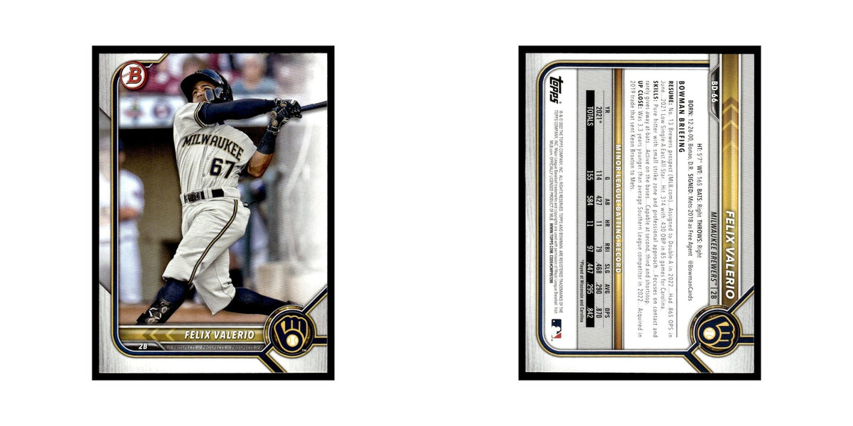 Felix Valerio 2022 Bowman Draft #BD-66 Milwaukee Brewers Baseball Card NM