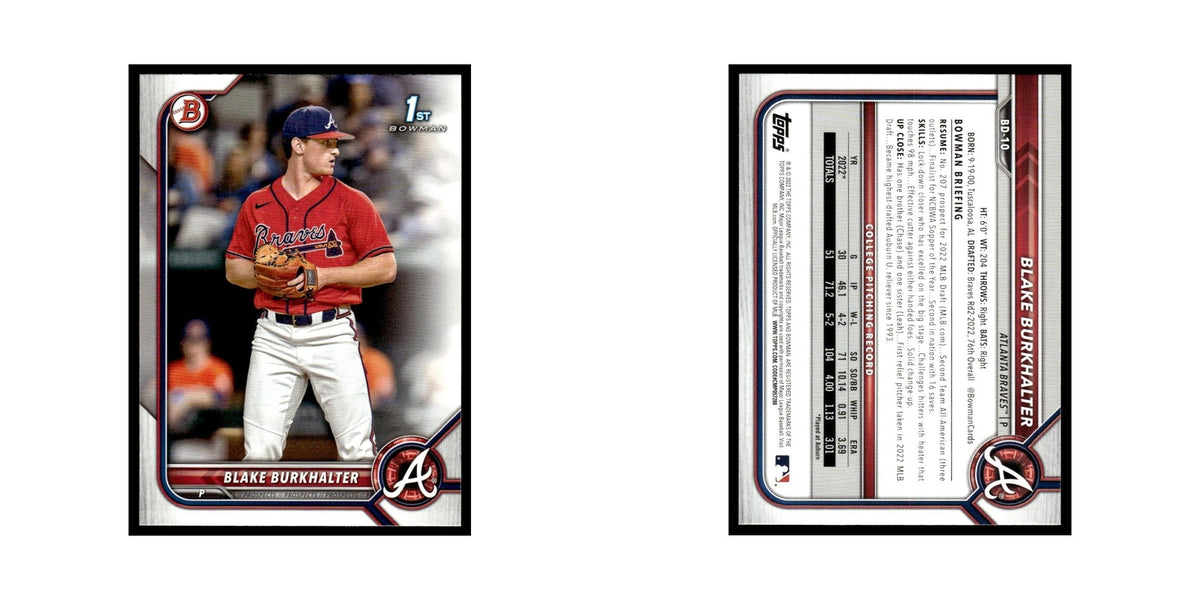Blake Burkhalter 2022 Bowman Draft #BD-10 Atlanta Braves Baseball Card NM