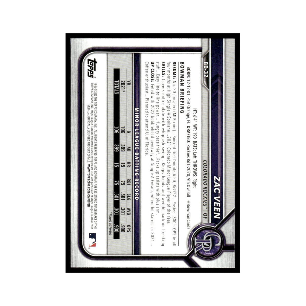 Zac Veen 2022 Bowman Draft #BD-32 Colorado Rockies Baseball Card NM