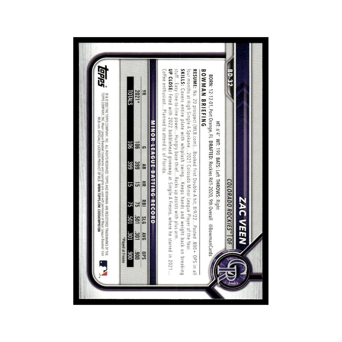 Zac Veen 2022 Bowman Draft #BD-32 Colorado Rockies Baseball Card NM