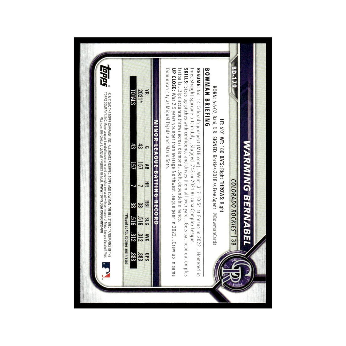 Warming Bernabel 2022 Bowman Draft #BD-179 Colorado Rockies Baseball Card NM