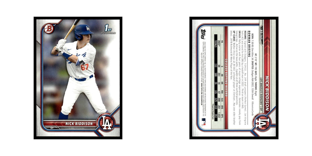 Nick Biddison 2022 Bowman Draft #BD-165 Los Angeles Dodgers Baseball Card NM