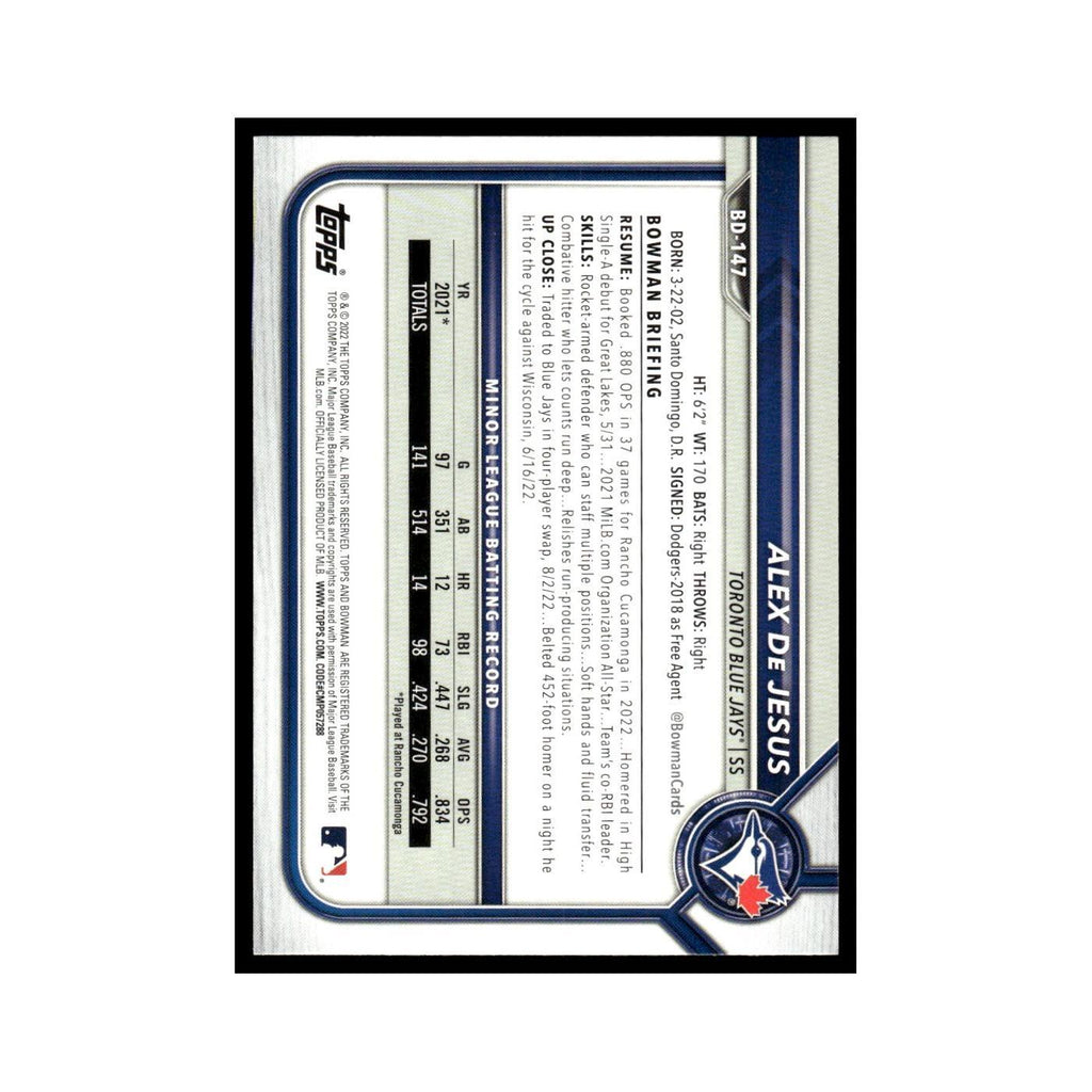 Alex De Jesus 2022 Bowman Draft #BD-147 Toronto Blue Jays Baseball Card NM