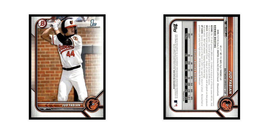 Jud Fabian 2022 Bowman Draft #BD-114 Baltimore Orioles Baseball Card NM