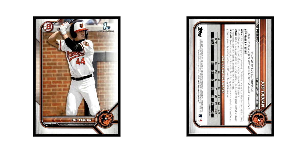 Jud Fabian 2022 Bowman Draft #BD-114 Baltimore Orioles Baseball Card NM
