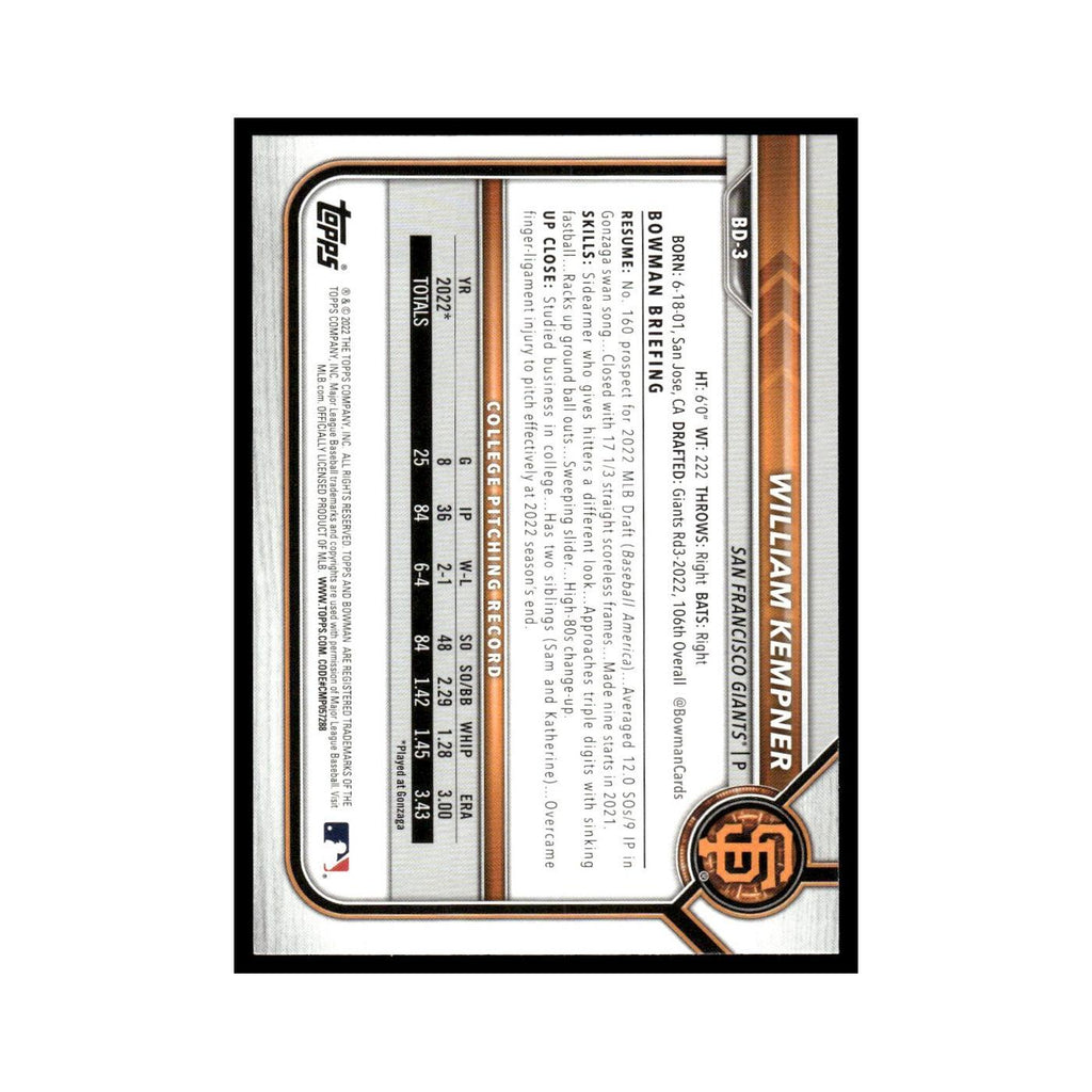 William Kempner 2022 Bowman Draft #BD-3 San Francisco Giants Baseball Card NM