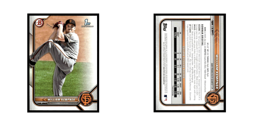 William Kempner 2022 Bowman Draft #BD-3 San Francisco Giants Baseball Card NM
