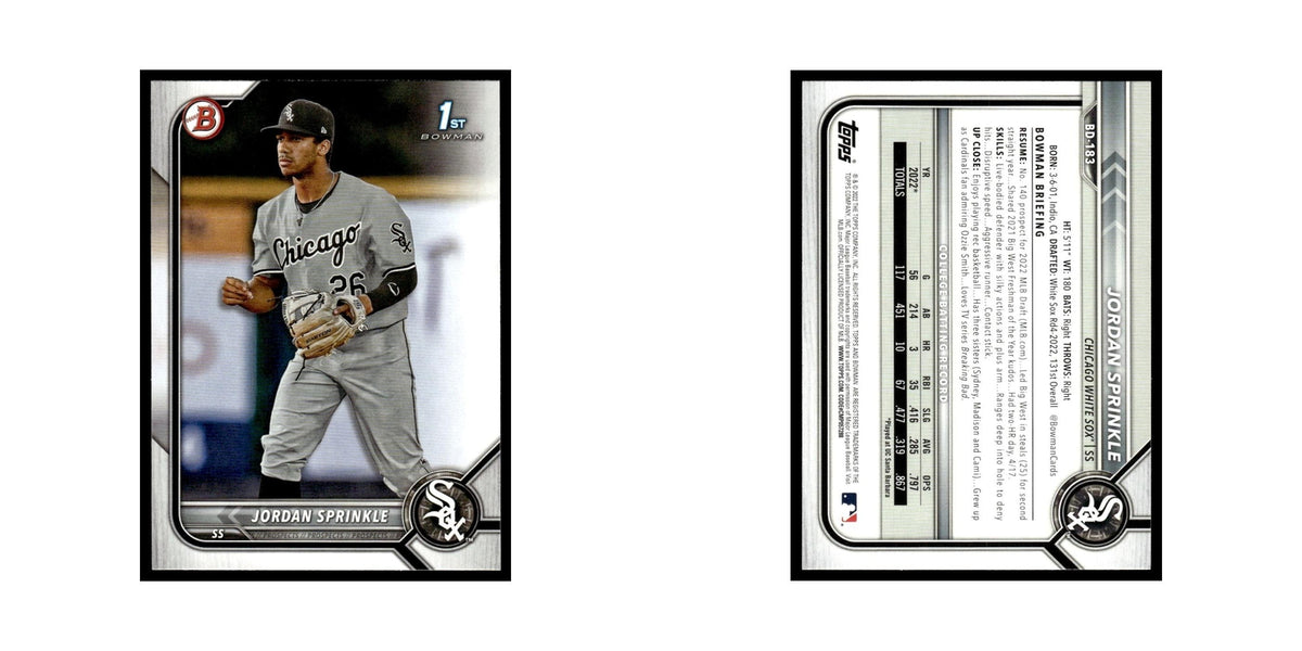 Jordan Sprinkle 2022 Bowman Draft #BD-183 Chicago White Sox Baseball Card NM