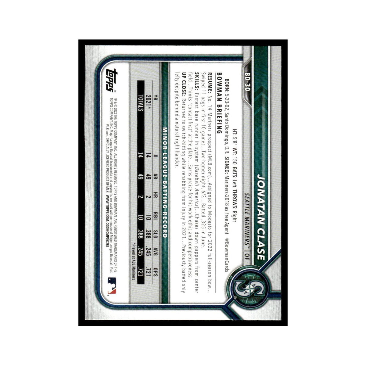 Jonatan Clase 2022 Bowman Draft #BD-30 Seattle Mariners Baseball Card NM