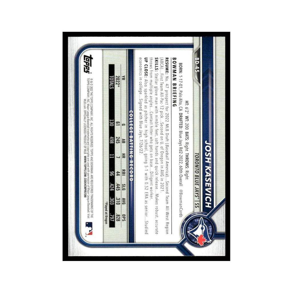 Josh Kasevich 2022 Bowman Draft #BD-45 Toronto Blue Jays Baseball Card NM