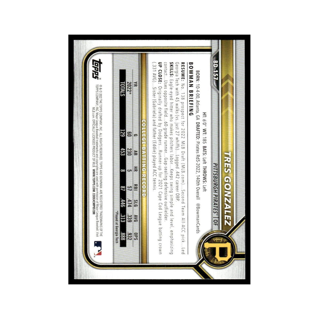 Tres Gonzalez 2022 Bowman Draft #BD-157 Pittsburgh Pirates Baseball Card NM