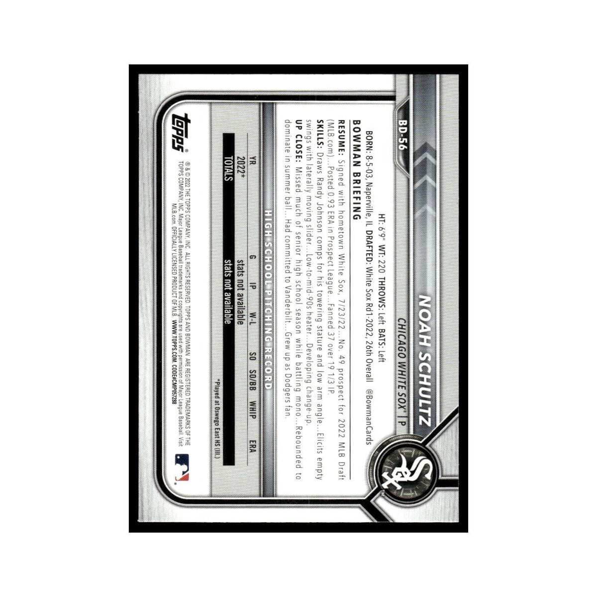 Noah Schultz 2022 Bowman Draft #BD-56 Chicago White Sox Baseball Card NM