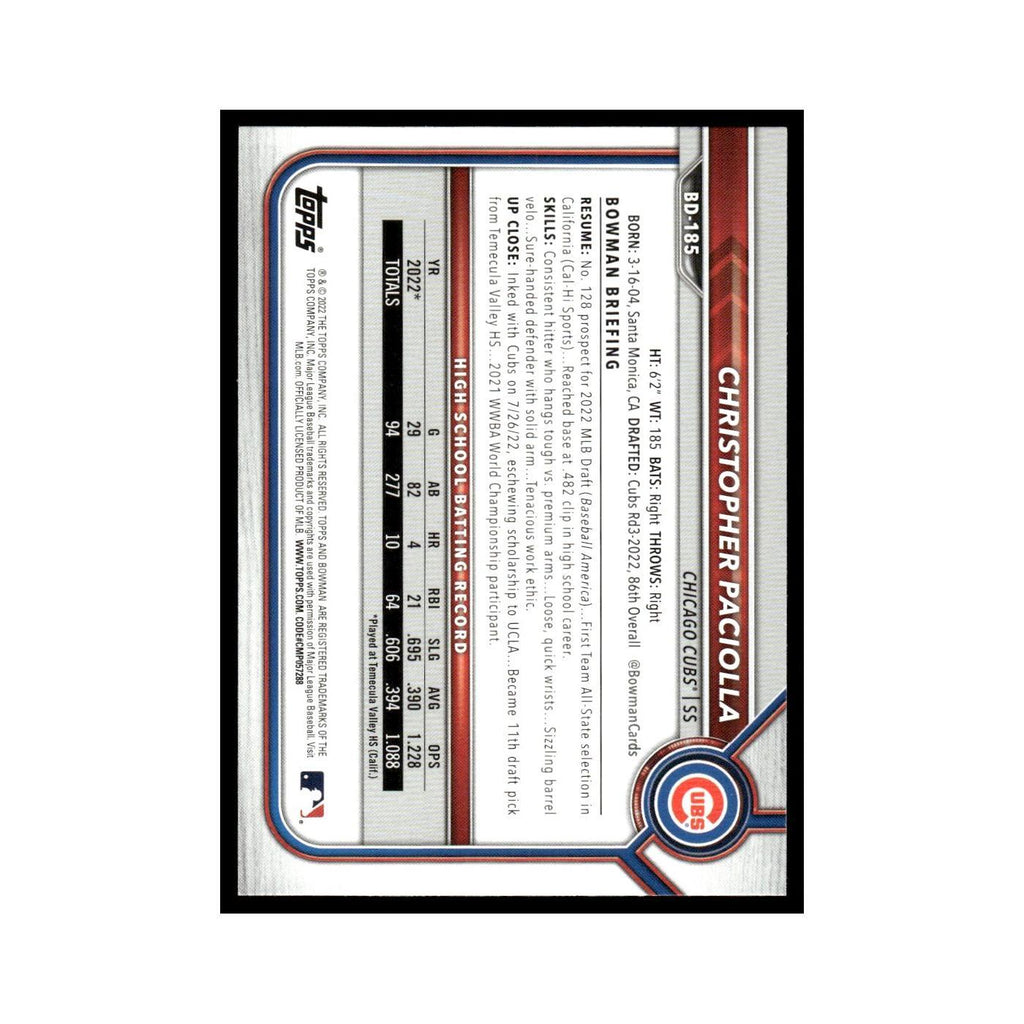 Christopher Paciolla 2022 Bowman Draft #BD-185 Chicago Cubs Baseball Card NM