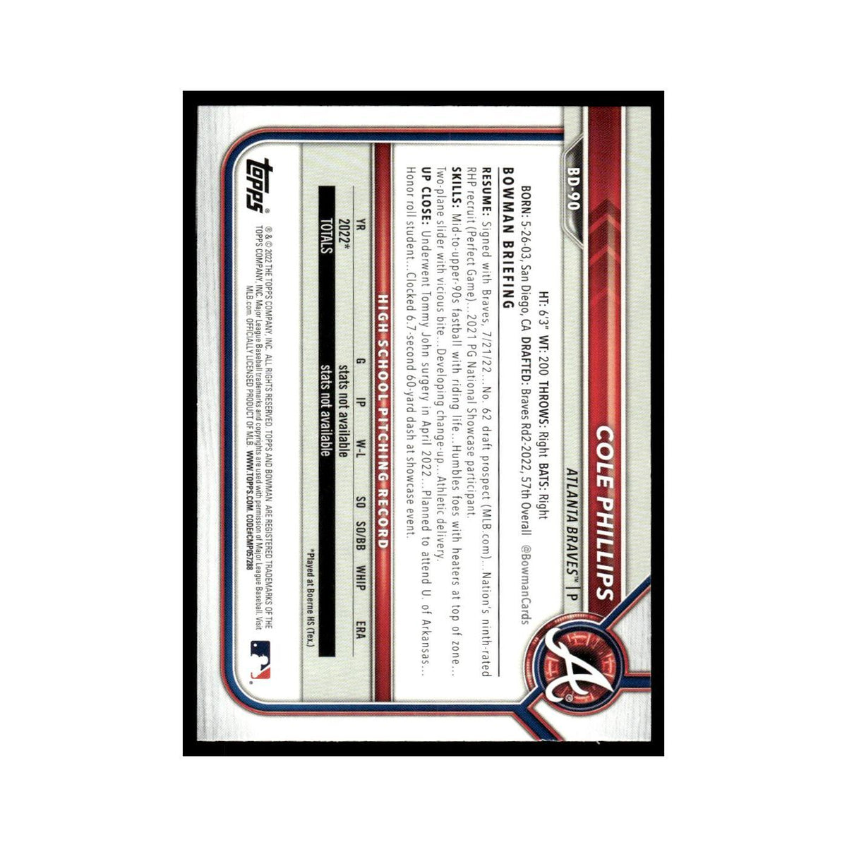Cole Phillips 2022 Bowman Draft #BD-90 Atlanta Braves Baseball Card NM