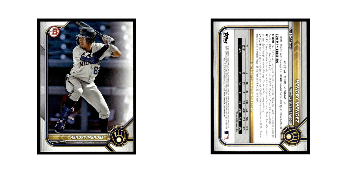 Hendry Mendez 2022 Bowman Draft #BD-116 Milwaukee Brewers Baseball Card NM
