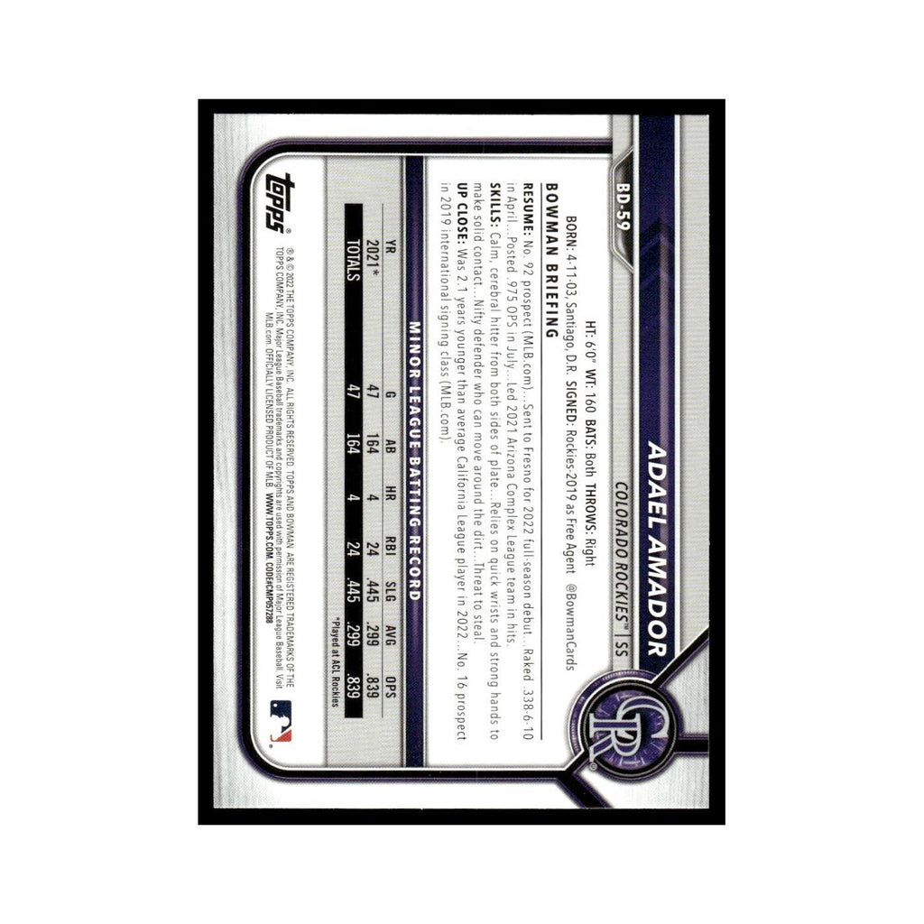 Adael Amador 2022 Bowman Draft #BD-59 Colorado Rockies Baseball Card NM