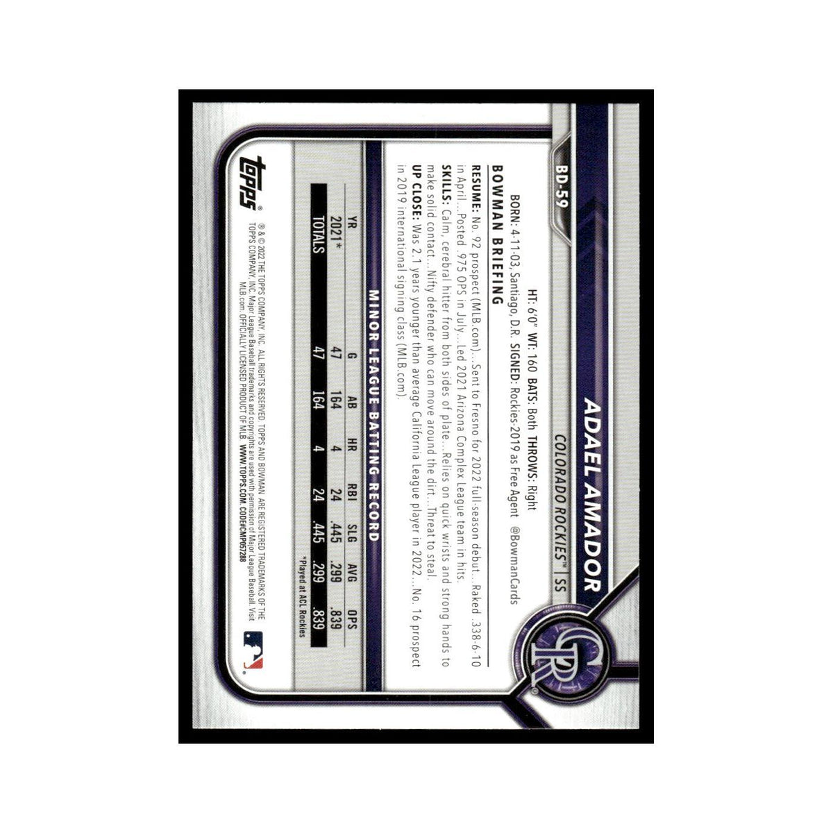 Adael Amador 2022 Bowman Draft #BD-59 Colorado Rockies Baseball Card NM