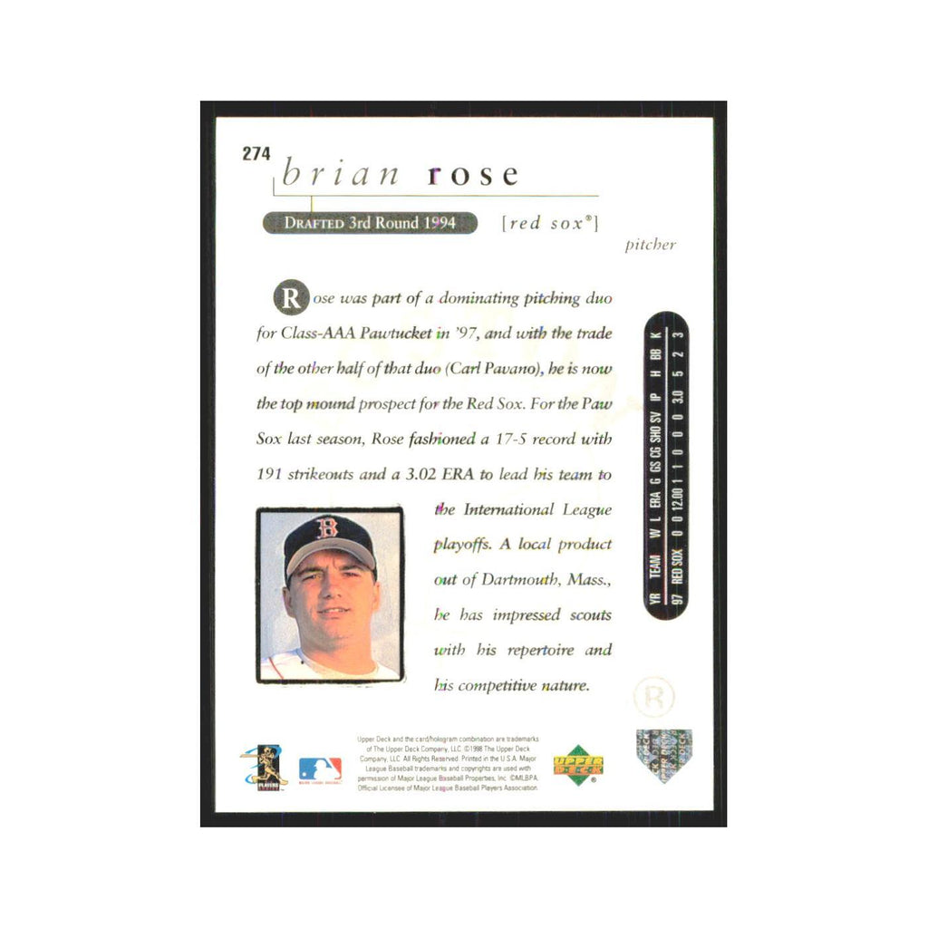 1998 Upper Deck Brian Rose RC Red Sox #274