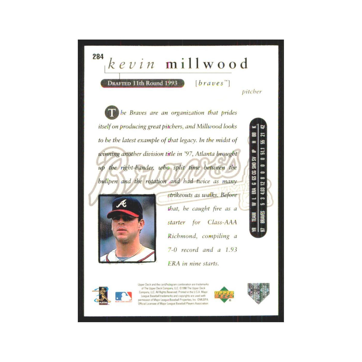 1998 Upper Deck Kevin Millwood RC Braves #284
