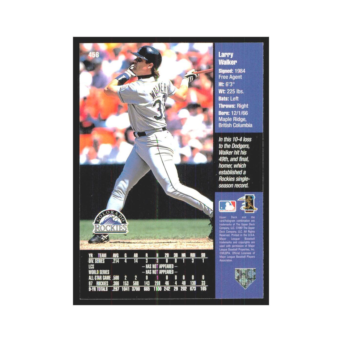 1998 Upper Deck Larry Walker Rockies #456