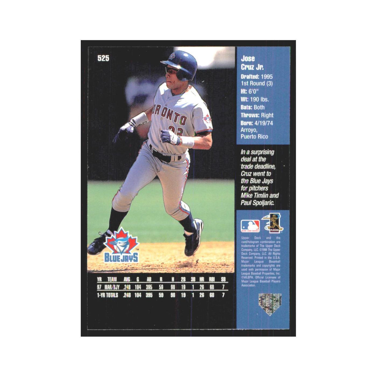 1998 Upper Deck Jose Cruz Jr. Blue Jays #525