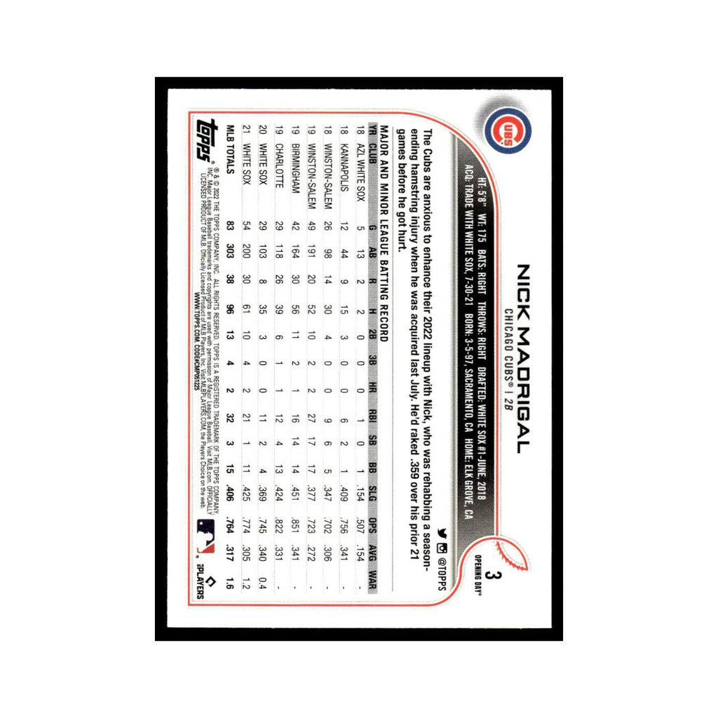 Nick Madrigal 2022 Topps Opening Day #3 Chicago Cubs Baseball Card NM