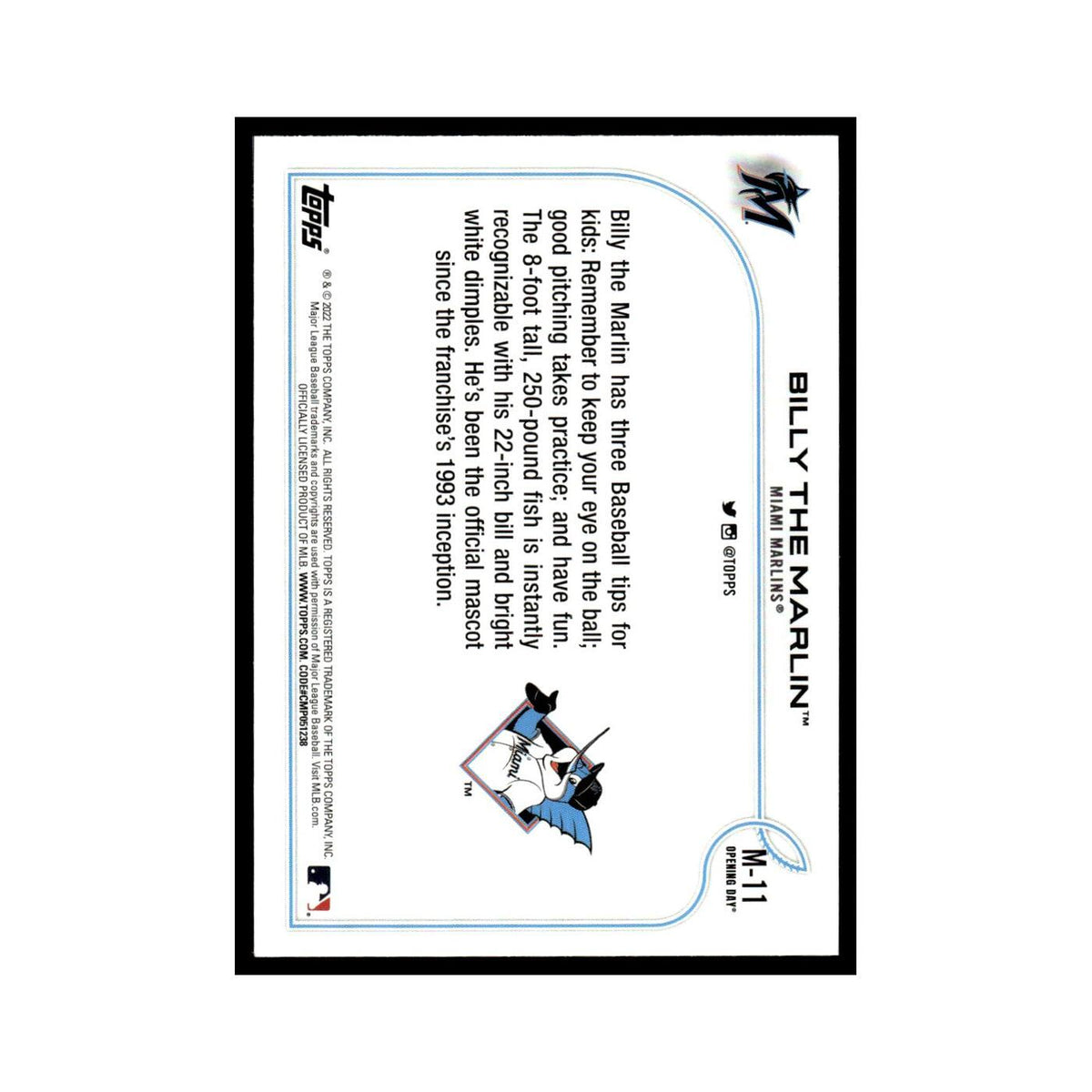Billy the Marlin 2022 Topps Opening Day #M-11 Miami Marlins Baseball Card NM