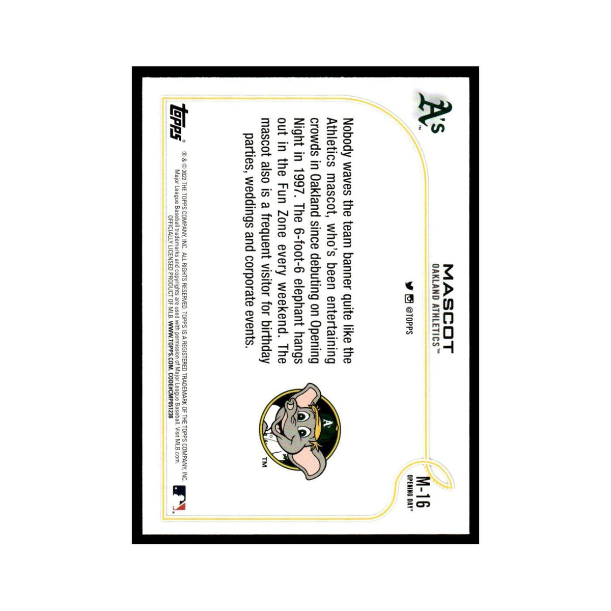 Mascot 2022 Topps Opening Day #M-16 Oakland Athletics Baseball Card NM