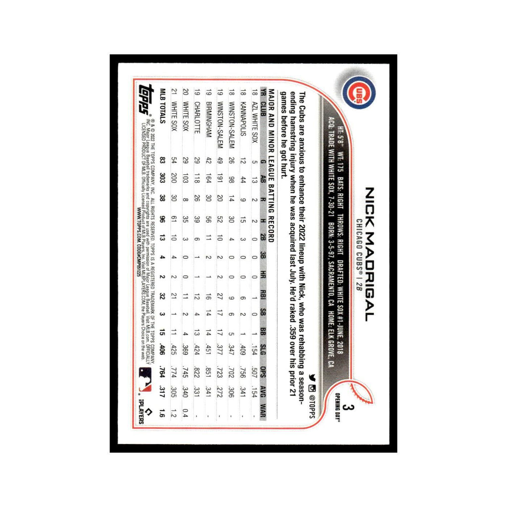 Nick Madrigal 2022 Topps Opening Day #3 Chicago Cubs Baseball Card NM