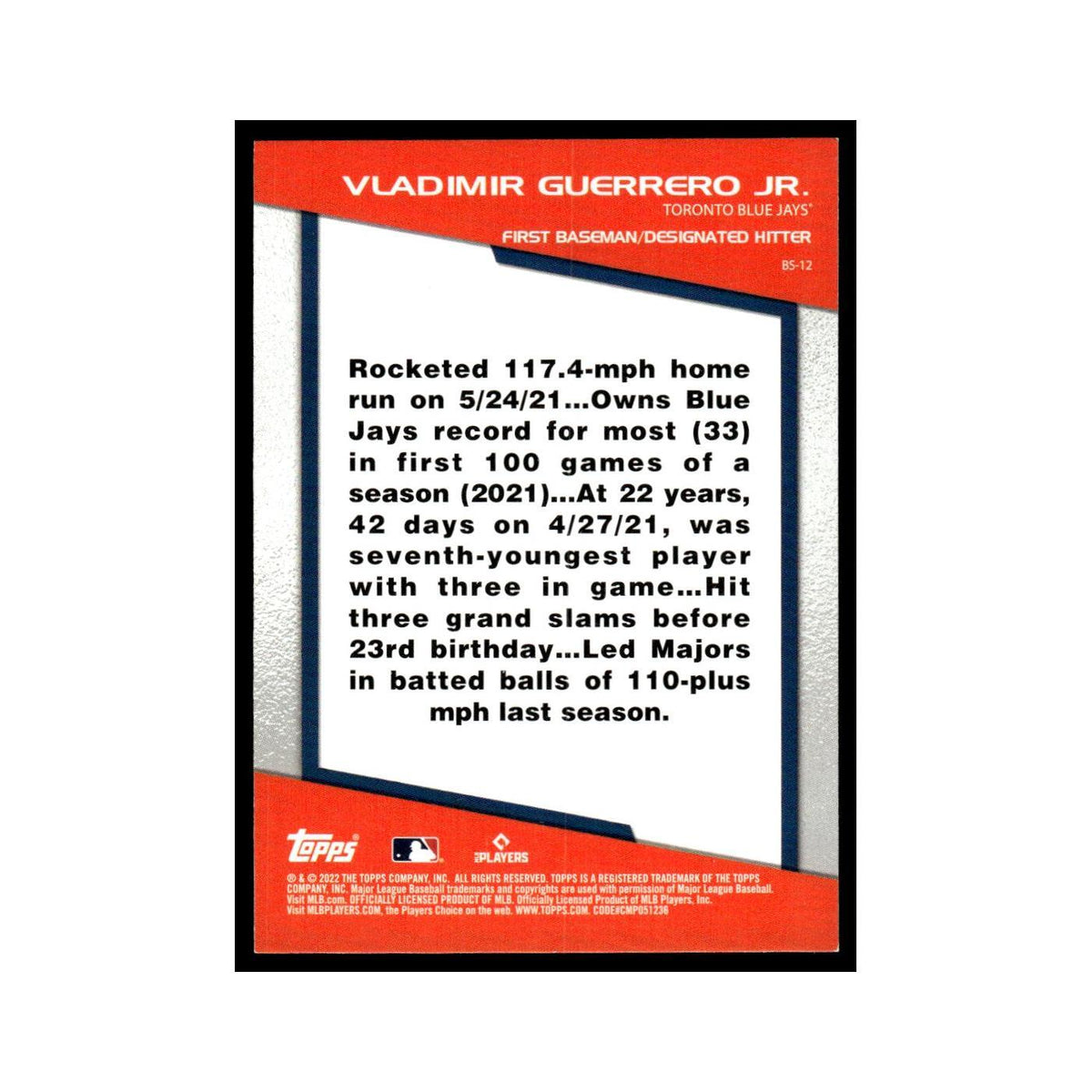 Vladimir Guerrero Jr. 2022 Topps Opening Day #BS-12 Toronto Blue Jays NM