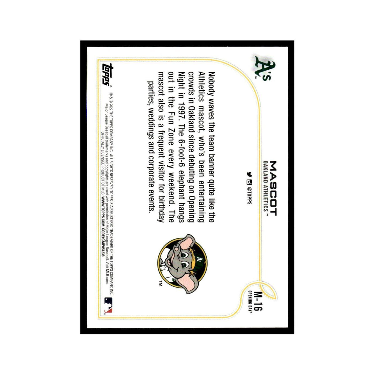 Mascot 2022 Topps Opening Day #M-16 Oakland Athletics Baseball Card NM