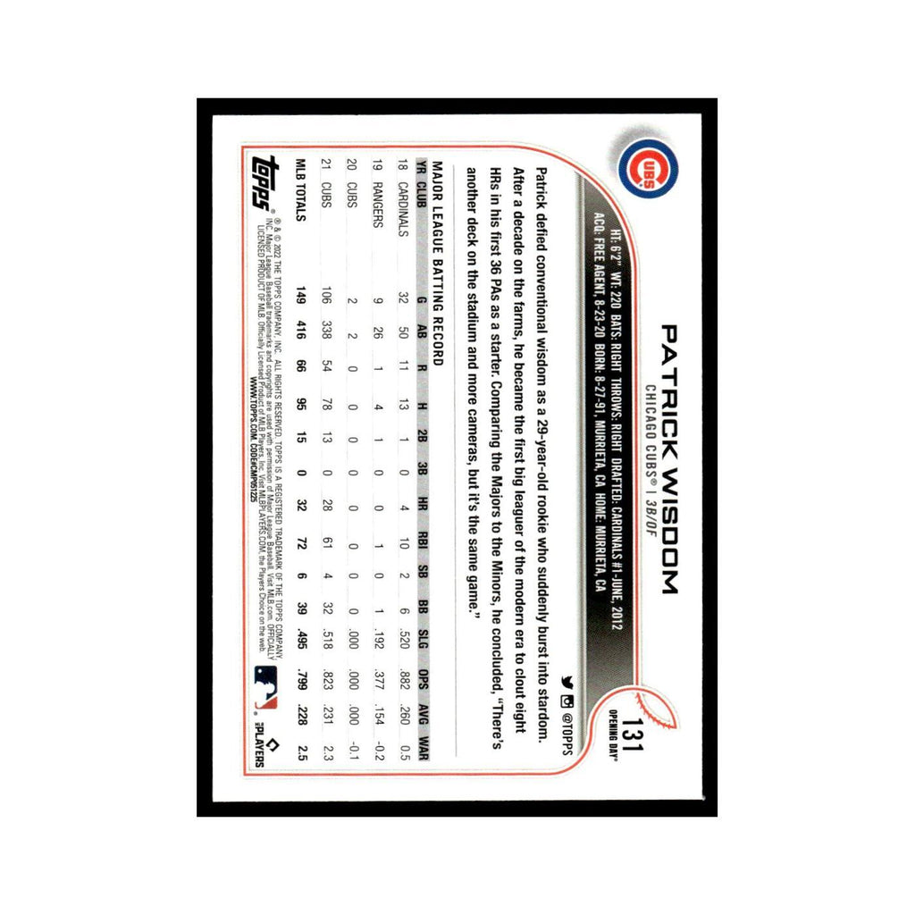 Patrick Wisdom 2022 Topps Opening Day #131 Chicago Cubs Baseball Card NM